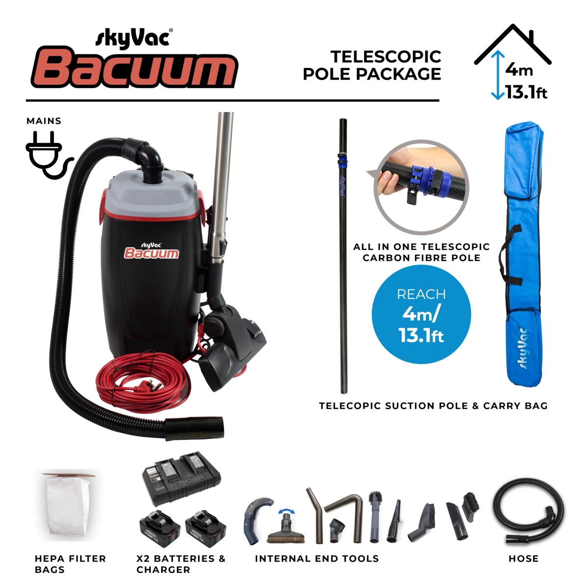 Item SkyVac® Rucksackstaubsauger-Set 5,5 m Teleskop-Saugstange